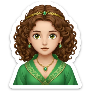 very beautiful italian girl, looking a bit like Emma Watson, with curly and big volume very bright brown hair, and a golden piercing ring in nose on left side, dressed in a beautiful sexy hanfu dress of green colors, nose ring sticker