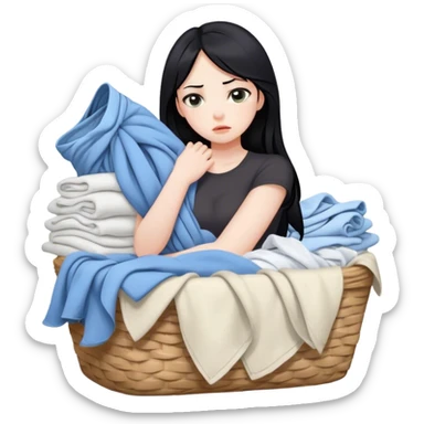 Tired girl with black hair with laundry sticker