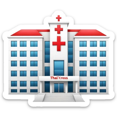 Modern Bangkok hospital building with Thai architectural elements, red cross symbol sticker