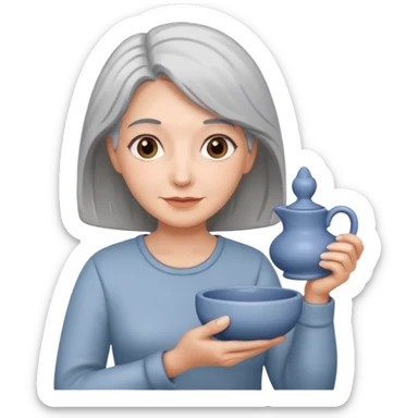 Woman with grey hair with ceramics sticker