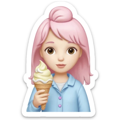 Labubu doll icon, pastel colors, soft shading, gentlek expression, right hand holding an icecream with an icecream cone sticker