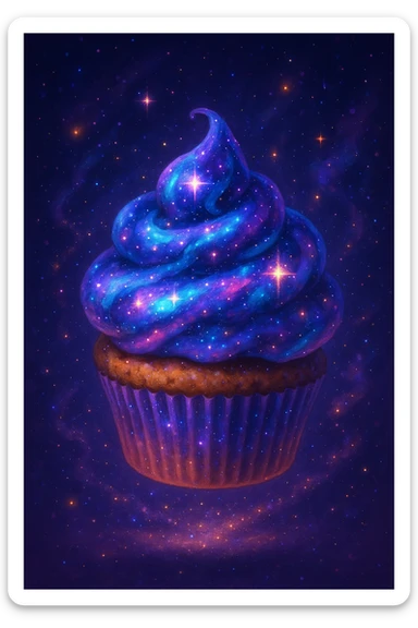 enchanting cupcake with cosmic galaxy icing, floating gently, surrounded by stardust, magical and cute sticker