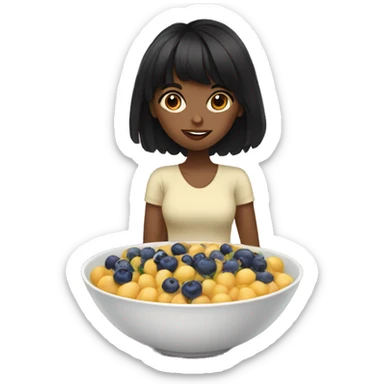 brown girl with black hair with bangs eating blueberries in bowl sticker
