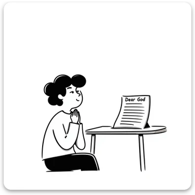 Person with prayer hands next to a paper that clearly shows "Dear God" written at the top of an essay sticker
