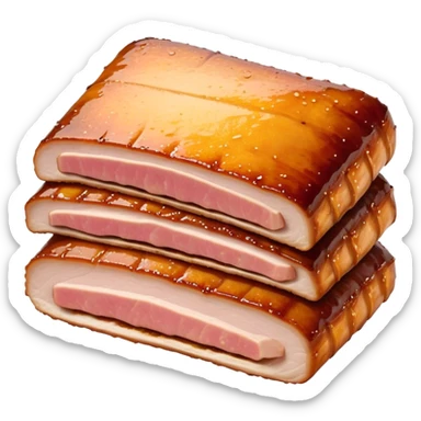 Cinematic tender pork belly, slow-roasted to perfection, crispy caramelized edges, glistening with juices, sliced into thick, rich layers, warm golden tones, luxurious and indulgent. sticker