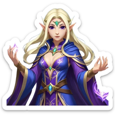 Cinematic Realistic WoW Elf Mage Portrait, captured in a dynamic, battle-ready stance, her graceful form exuding raw arcane energy. Her luminous skin and delicate features, set against an intricately detailed robe in consistent deep blues and purples with golden accents, are rendered with lifelike texture and dynamic, magical lighting, high shine, fierce and commanding, embodying the relentless spirit of an elven sorceress mid-spell. sticker