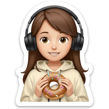 a girl with long brown hair green and wearing black headphones she is wearing a cream coulor baggy hoddie she is happyish holding a donut sticker