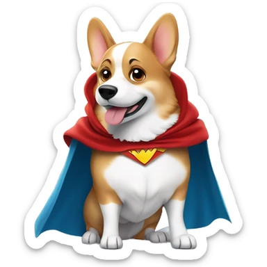 Brave Welsh corgi in a superhero cape, proudly raising one paw, looking heroic and ready to save the day in a cute cartoon style! sticker