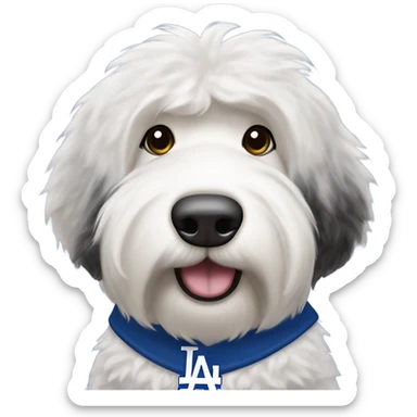 Salt and pepper Old English sheepdog wearing a Dodgers shirt  sticker