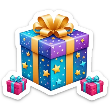 cute gift box with sparkling stars and hearts, smiling wrapping paper, vibrant colors, joyful and romantic mood sticker