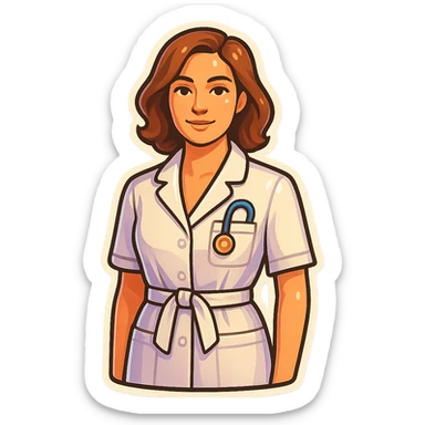 female medical coat with belt, front view, straight angle, looking at camera, retro stickers style, soft rounded shapes, clean contours, pastel palette, detailed shadows and highlights, modern illustration, transparent background sticker