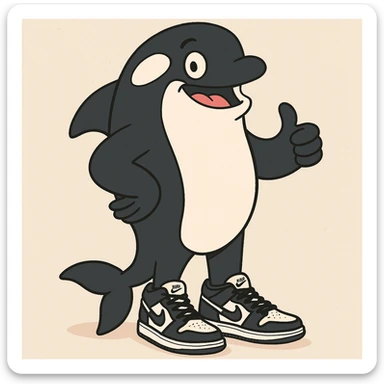 orca standing upright showing off black and white Nike sneakers, fun and bold, flat color style sticker
