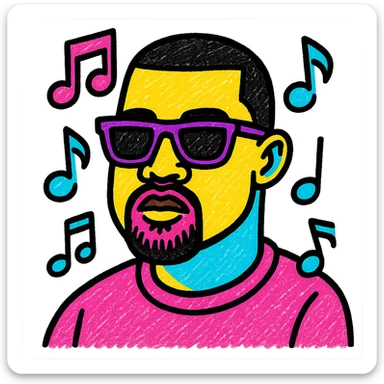 pop art style portrait of Kanye West, bold colors, music theme sticker