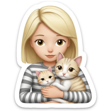 Short hair Blonde girl snuggling white gray white striped cat sticker
