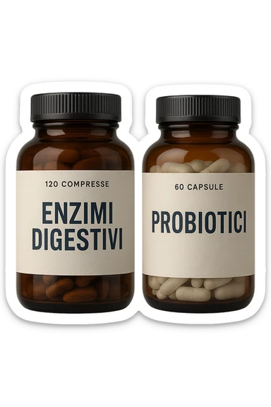 DUE BARATTOLI di integratore con la scritta "ENZIMI DIGESTIVI" E "PROBIOTICI", iperrealistico 4k sticker