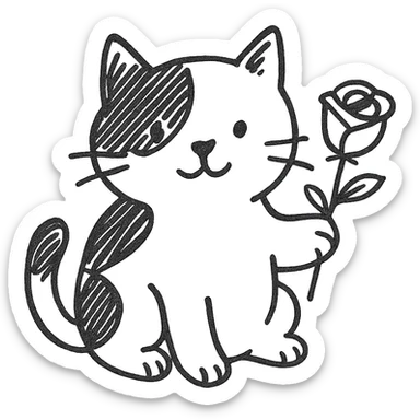 tricolor cat holding a rose sticker