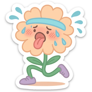 soft peach cosmos flower with a flushed, panting face doing exercise, sweat flying off in exaggerated style, gentle pastel palette, pastel-toon style sticker