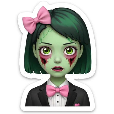 zombie green skin girl, black hair with pink bow tie sticker