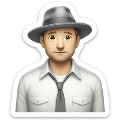 tim robinson wearing a grey fedora with a grey flap on the back white shirt looking sad sticker