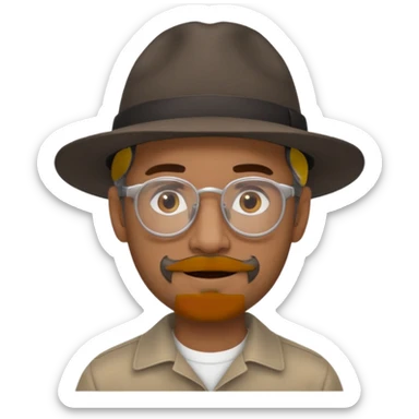 Brown man with wide rimmed hat no hair, but gray goatee, clear glasses and slightly smiling sticker