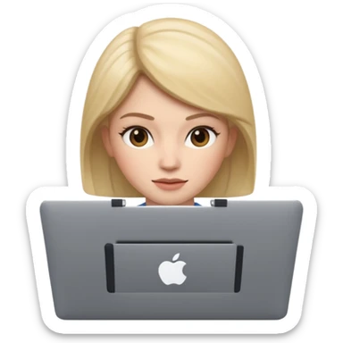 memoji of a female with a laptop in front, apple-style, modern sticker