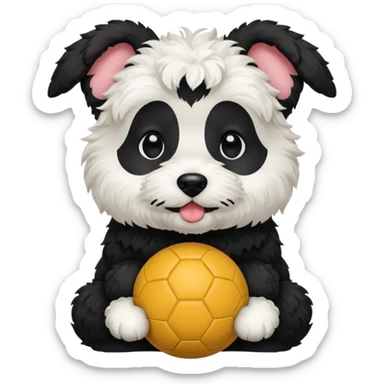 Havapoo dog one half of its face black the other white with black ears sitting down with ball in its mouth  sticker
