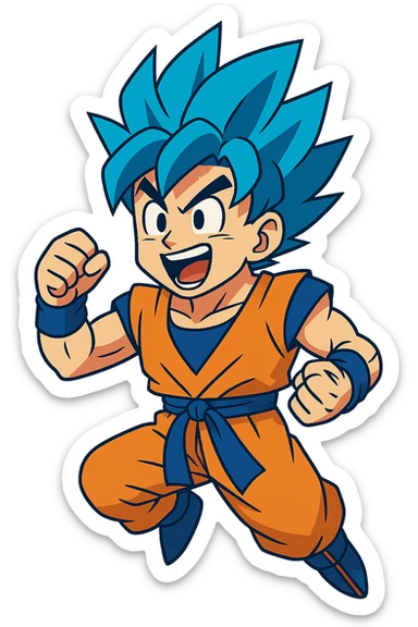 Goku with spiky blue hair, anime style, energetic expression sticker
