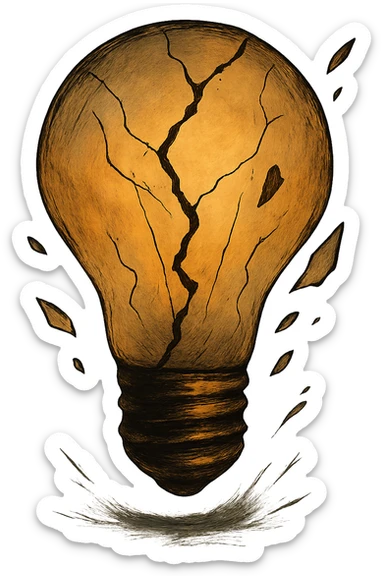 Create a stylized lightbulb with a large crack and pieces falling off, maintaining a transparent background. Emphasize the stylized crack and dynamic falling pieces in the composition. sticker