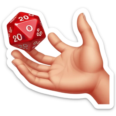 A hand tossing a red 20-sided die sticker