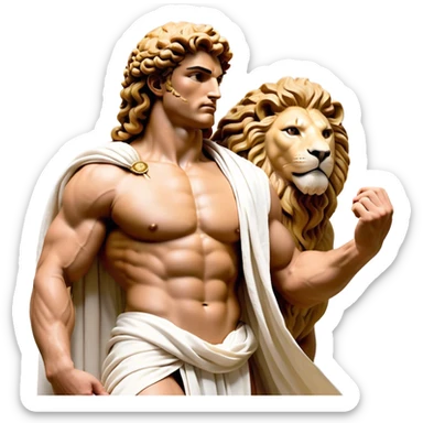Cinematic Realistic Hercules Portrait, depicted as a classical Greek hero merging the fierce masculinity of the lion-wrestling Hercules with the refined face of Michelangelo's David. His light tan, chiseled skin glows with timeless strength, and his thick, curly, golden brown hair cascades in natural, sculpted curls reminiscent of a warrior’s mane. Draped in a flowing white robe with delicate golden accents and crowned with a traditional Greek laurel wreath, his intense, determined eyes exude noble might, all rendered under dynamic natural lighting with a mythic, radiant glow. sticker