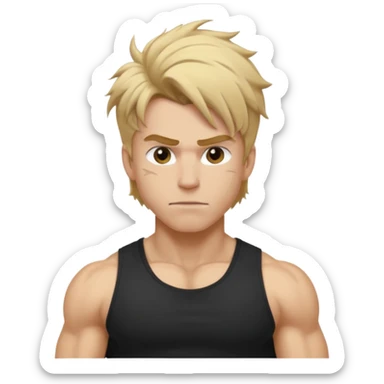 Gym rat with blond brown hair and black t shirt, and messy hair. And muscular sticker