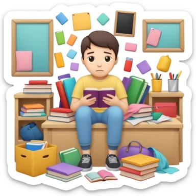 messy room with scattered objects, clothes and books everywhere, simplified human character looking slightly overwhelmed but safe, everyday chaos, flat custom emoji sticker, pastel colors, rounded shapes, minimal details, thick outline, white background, no text sticker