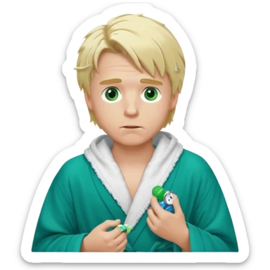 A white man with green eyes, medium-length blond hair, a blue Cartier watch on his wrist, and a black and white bathrobe. His hair is messy, and he has a white pacifier in his mouth. sticker
