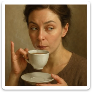 realistic woman giving side eye while sipping hot tea with her pinky up, detailed digital painting, natural lighting sticker