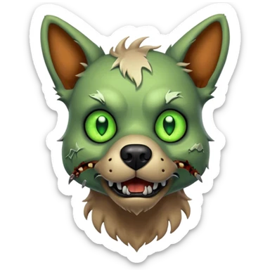 zombie dog portrait, head and shoulders only, torn fur, glowing green eyes, stitched face details, spooky but cute, 3D cartoon, mobile game icon style, clean background, no text, no watermark
 sticker