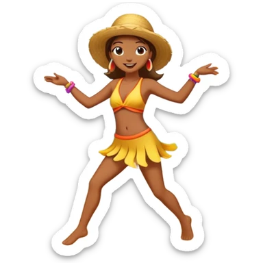 Colorful beach character dancing on sand with sun and ocean, highlighted sticker