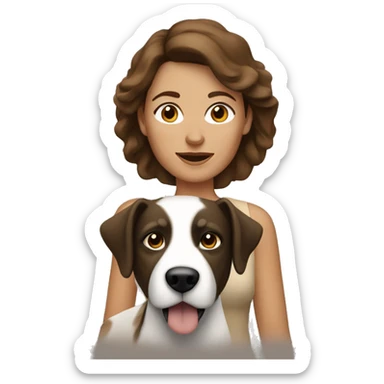 tan middle aged woman with brown hair with black and white dog sticker
