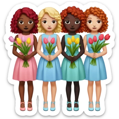 5 girls at a garden party wearing pastel dresses and holding tulips, one is black, one is blond, one has brown hair, one has red hair, the last one is has curly hair sticker