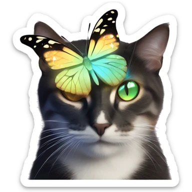 Dark iridescent butterfly glowing on top of cats head  sticker