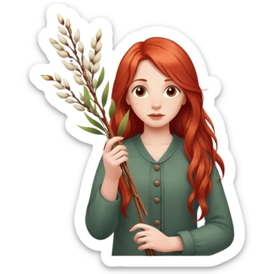 A girl with long red hair holds pussy willow branches in her hands sticker