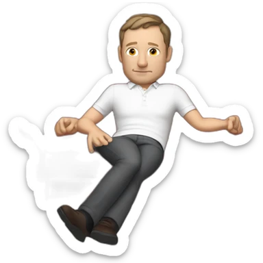 tim robinson very tired laying down on a red couch in a long sleeve white polo shirt, chest up clean shaven, laying flat across couch, arms at side sticker