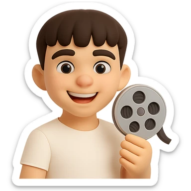 Make the character look happier and with a lighter skin tone, keeping the same 3D cartoon style. Keep the film reel and white shirt. Preserve the transparent background. sticker