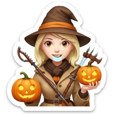 female human monster hunter emoji, wearing brown coat and hat, holding crossbow, soft smile, scarf, glowing pumpkin by her side, Halloween fantasy style, clean vector Apple emoji look, bright colors, white background, square sticker