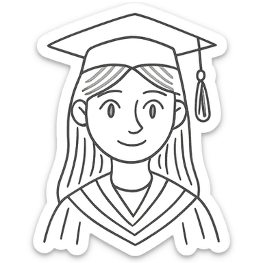 light brown haired girl with long hair, blue eyes, and pale skin wearing graduation regalia, hand-drawn sketch style sticker