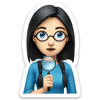 white girl with black hair and blue eyes holding a magnifying glass and suspicious look sticker