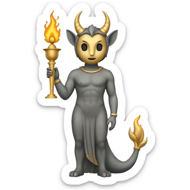 Minimalist emoji-style sticker of a full-body Oscar-like statue in matte gray-gold, with small horns, sharp tail, and faint flames at the base, all in black and muted hues sticker