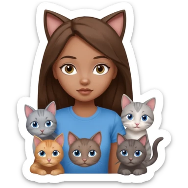 a pretty bratz dusky girl with long brown hair, blue eyes with six cats nd wearing a grey tshirt sticker