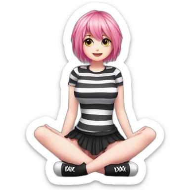 Full body Front view curvy emo girl pink hair sits on the floor straight view hands up black skirt striped torn stockings sticker