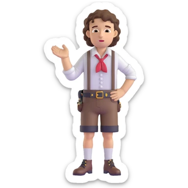 German person with brown curly hair in typical Bavarian clothing (lederhosen) shrugging and looking lost sticker