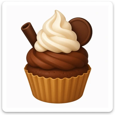 Add a swirl of whipped cream and a chocolate coin to the cupcake with brown (chocolate) frosting and a chocolate curl in emoji style. sticker